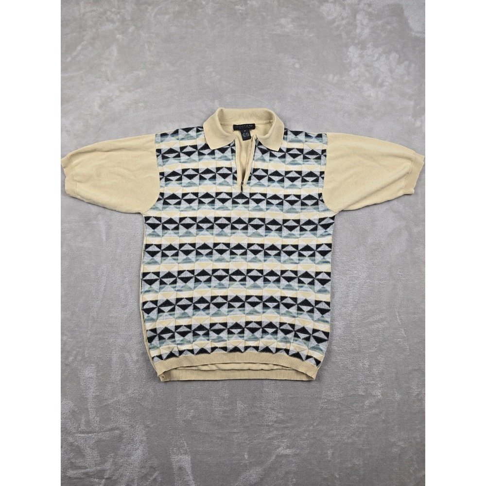 Domani Platinum‎ Polo Shirt Women M Fit S Geometric Silk Blend Quarter Zip Knit